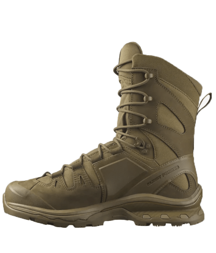 Botas tácticas Salomon Quest 4D Forces 2 High GTX Coyote vista lateral interna, estabilidad y protección para clima húmedo