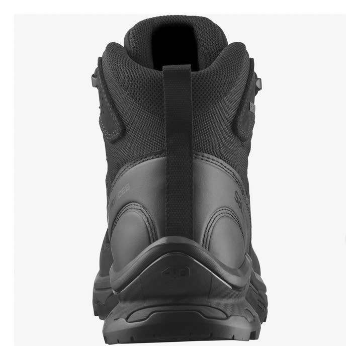 Vista trasera de Salomon Quest Prime Forces GTX EN Black, soporte de tobillo y tirador trasero para calce rápido 