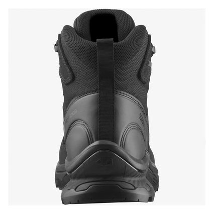 Vista trasera de Salomon Quest Prime Forces GTX EN Black, soporte de tobillo y tirador trasero para calce rápido 