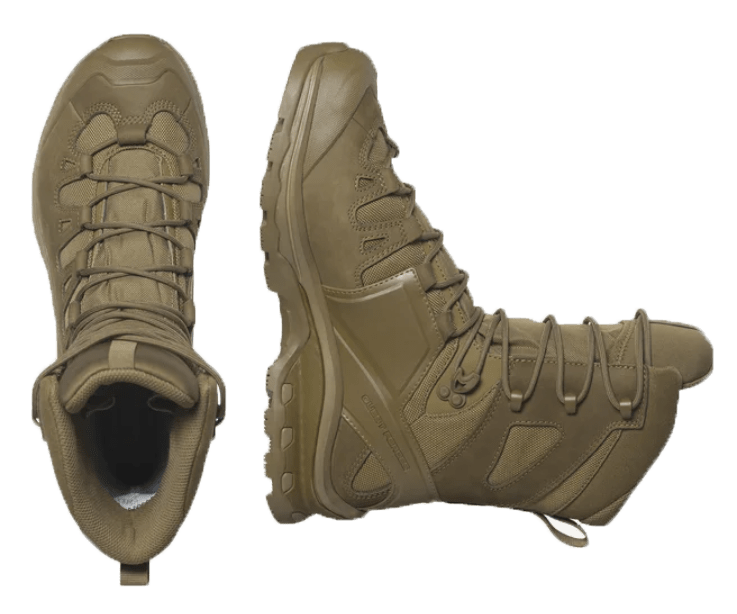  Botas Salomon Quest 4D Forces 2 High GTX Coyote vista superior y lateral, ajuste con cordones y diseño táctico