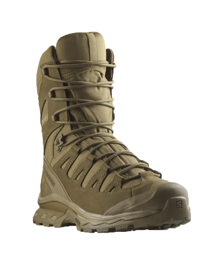 Bota Salomon Quest 4D Forces 2 High GTX Coyote vista frontal, soporte de tobillo y ajuste seguro para patrullaje