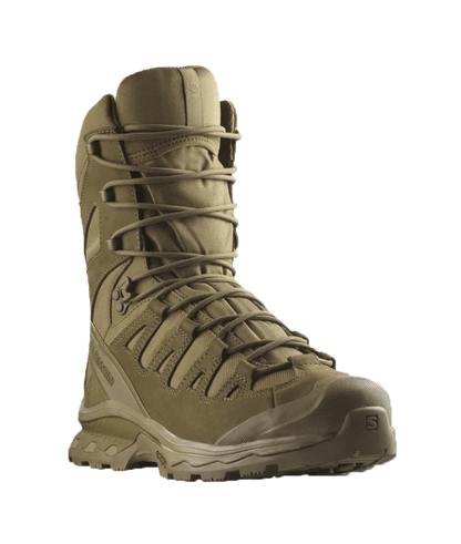 Bota Salomon Quest 4D Forces 2 High GTX Coyote vista frontal, soporte de tobillo y ajuste seguro para patrullaje