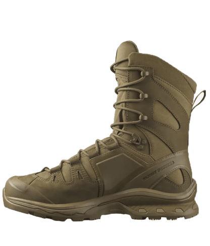 Botas tácticas Salomon Quest 4D Forces 2 High GTX Coyote vista lateral interna, estabilidad y protección para clima húmedo