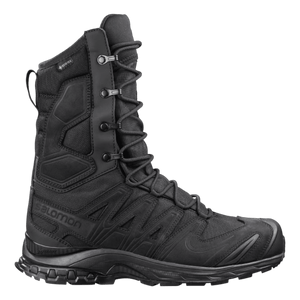 Bota táctica Salomon XA Forces 8 GTX Black vista lateral, caña alta e impermeable GORE-TEX para patrullaje