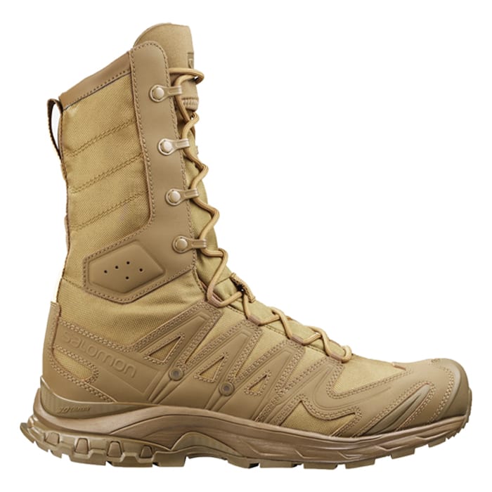 Bota táctica Salomon XA Forces Jungle Coyote vista lateral, caña alta para selva y clima húmedo  