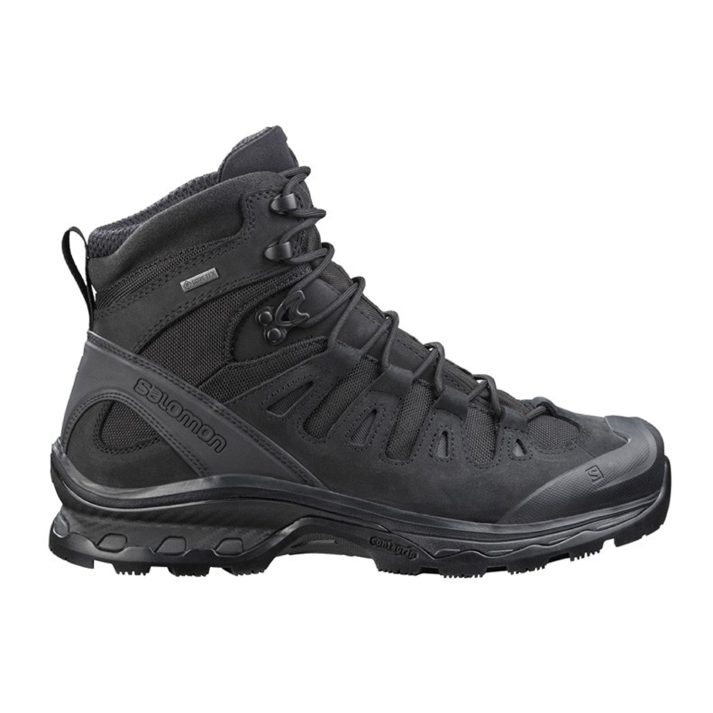 Bota táctica Salomon Quest 4D Gore-Tex Forces 2 Black vista lateral, cuero nobuck y caña alta impermeable