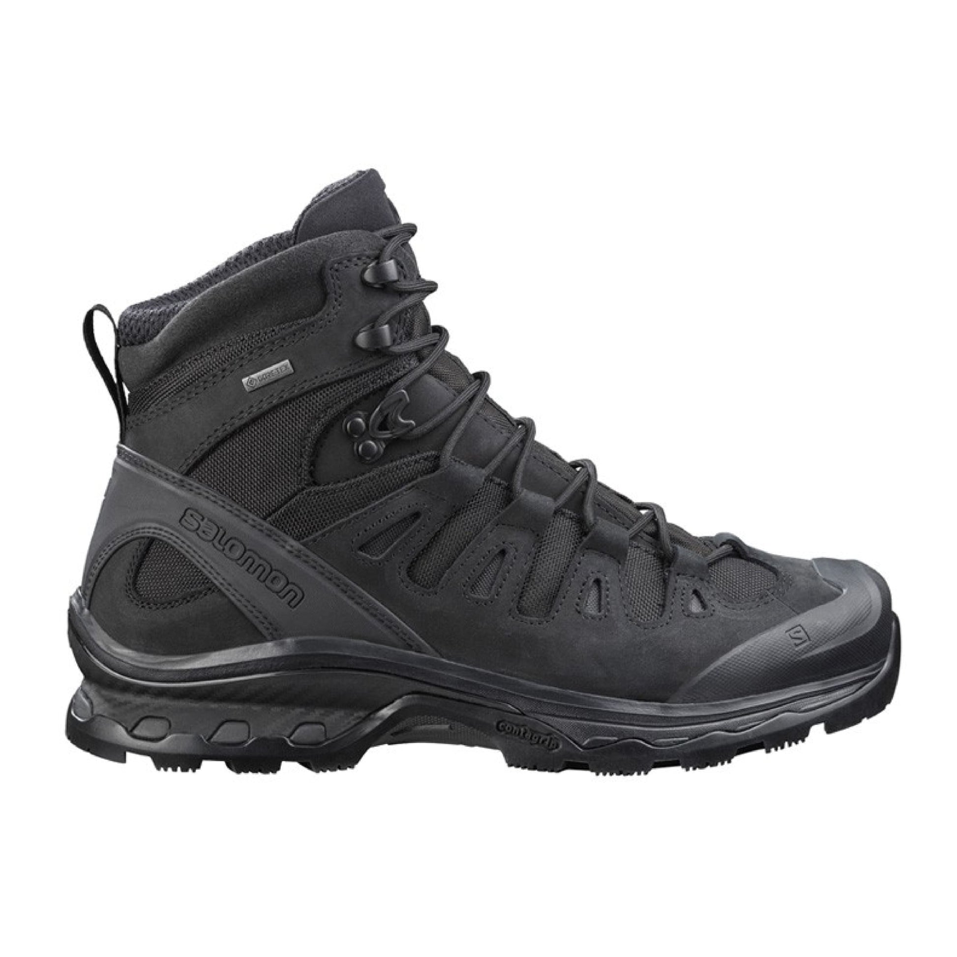 Bota táctica Salomon Quest 4D Gore-Tex Forces 2 Black vista lateral, cuero nobuck y caña alta impermeable