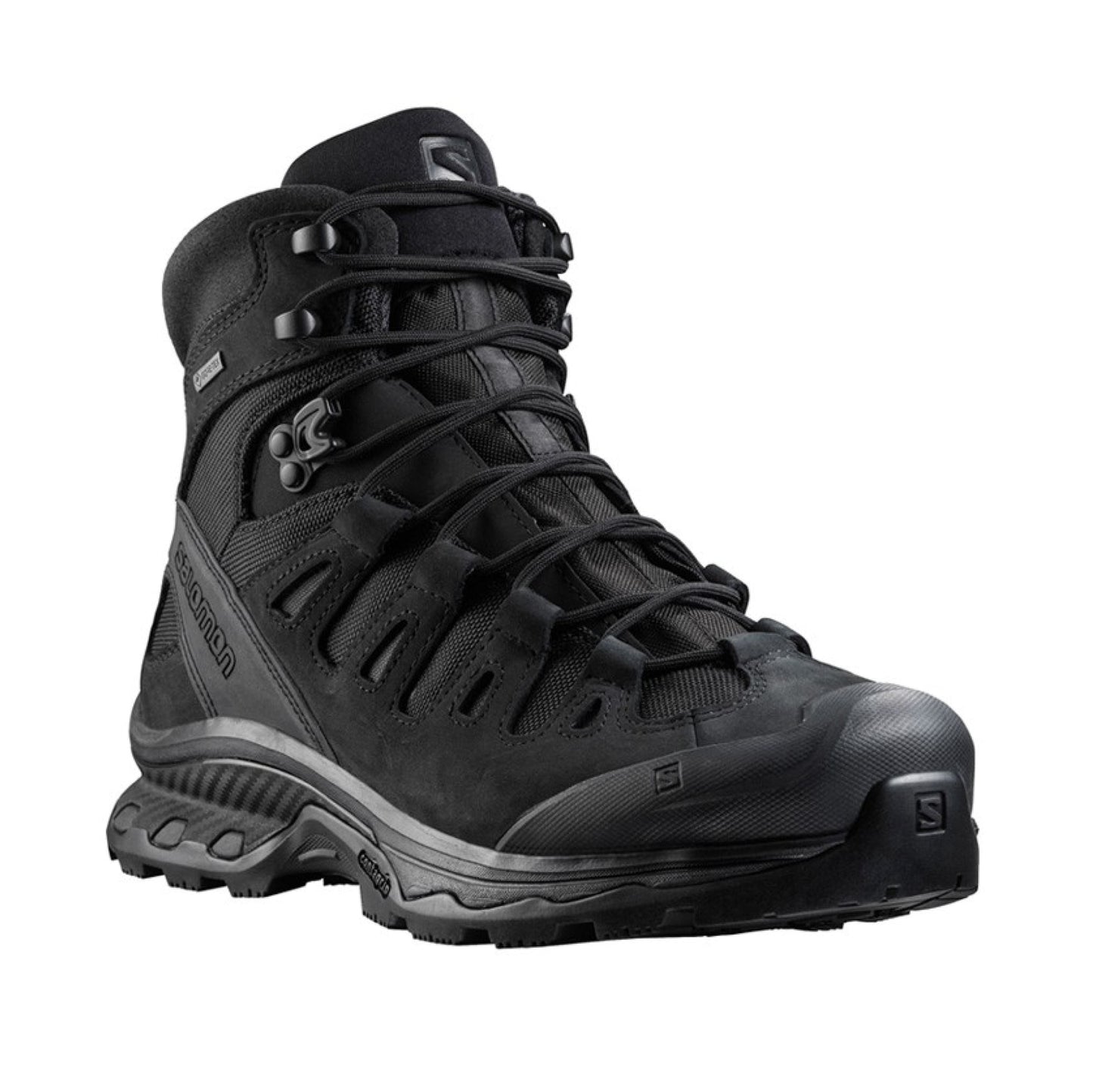 Botas Salomon Quest 4D Gore-Tex Forces 2 Black vista frontal, ajuste con cordones y puntera reforzada  