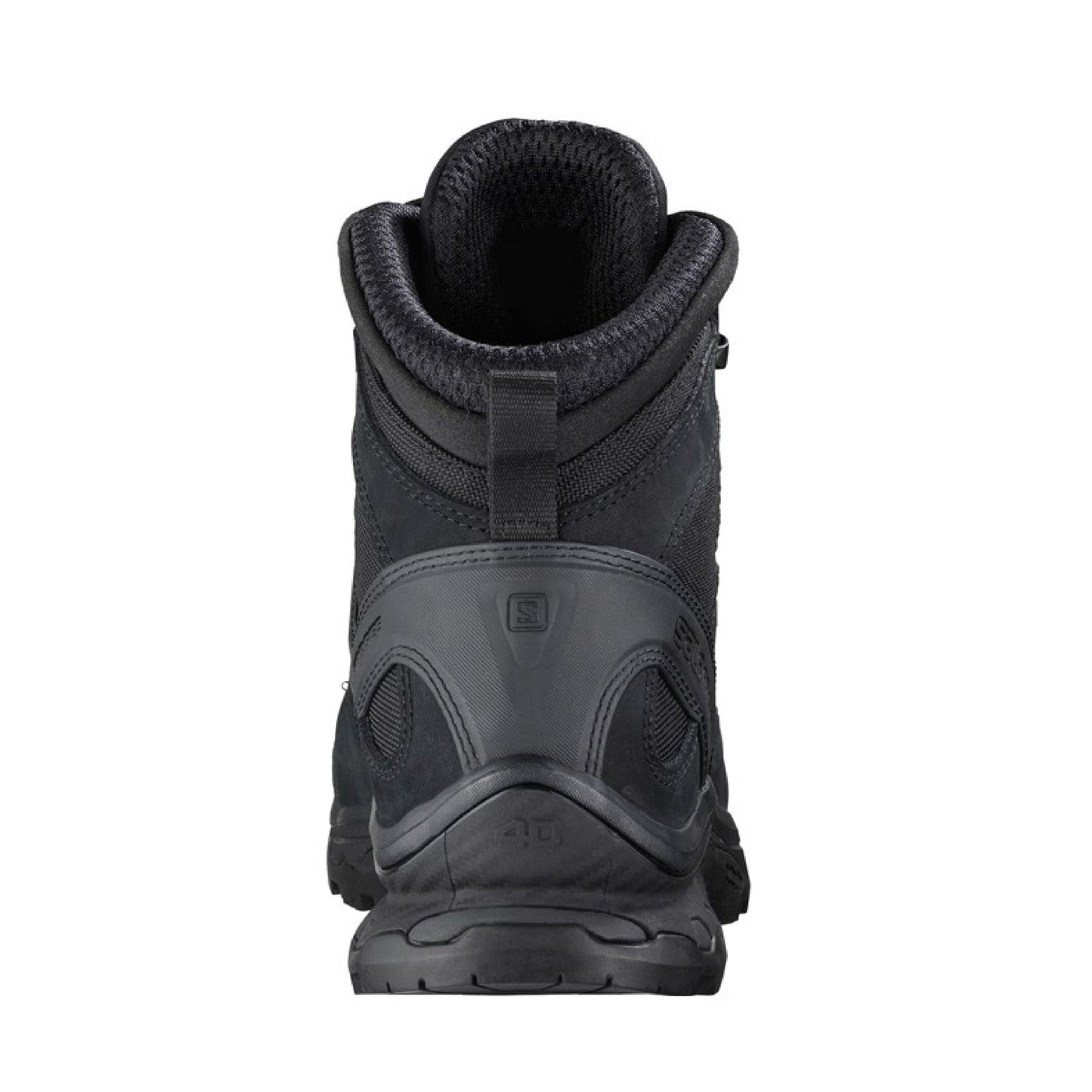  Vista trasera de bota Salomon Quest 4D Gore-Tex Forces 2 Black, soporte de tobillo y talón reforzado  