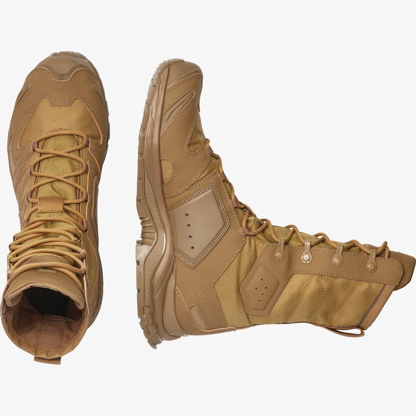 Salomon XA Forces Jungle Coyote vista superior y lateral, cordones tácticos y diseño de secado rápido 